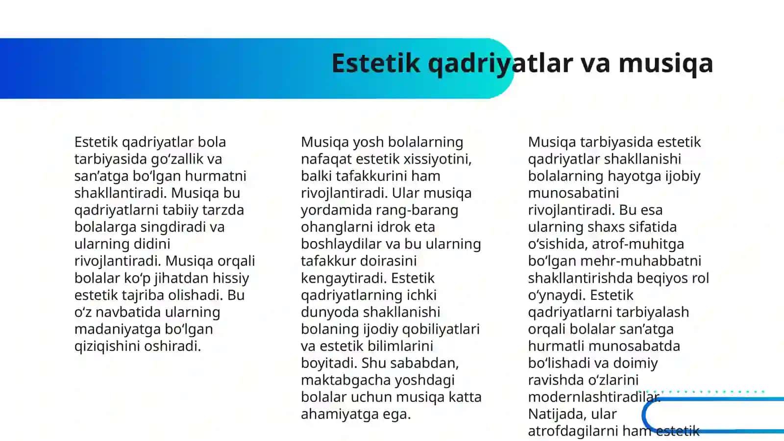 MAKTABGACHA YOSHDAGI BOLALARGA ESTETIK TARBIYA BERISHDA MUSIQANING O’RNI 4