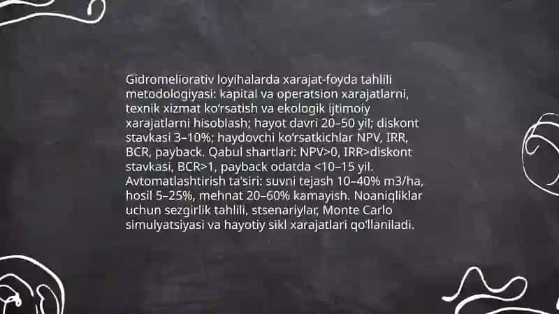 Avtomatlashtirish tizimlarining iqtisodiy modellari: Xarajat-foyda tahlili gidromeliorativ loyihalarda 4