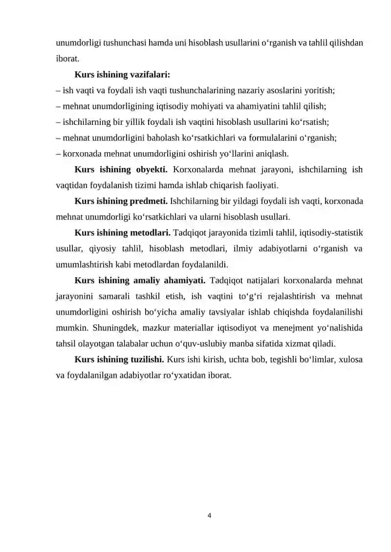 Ishchilarning bir yildagi foydali ish vaqtini hamda korxonada mehnat unumdorligini va uni hisoblash yo’llari 4