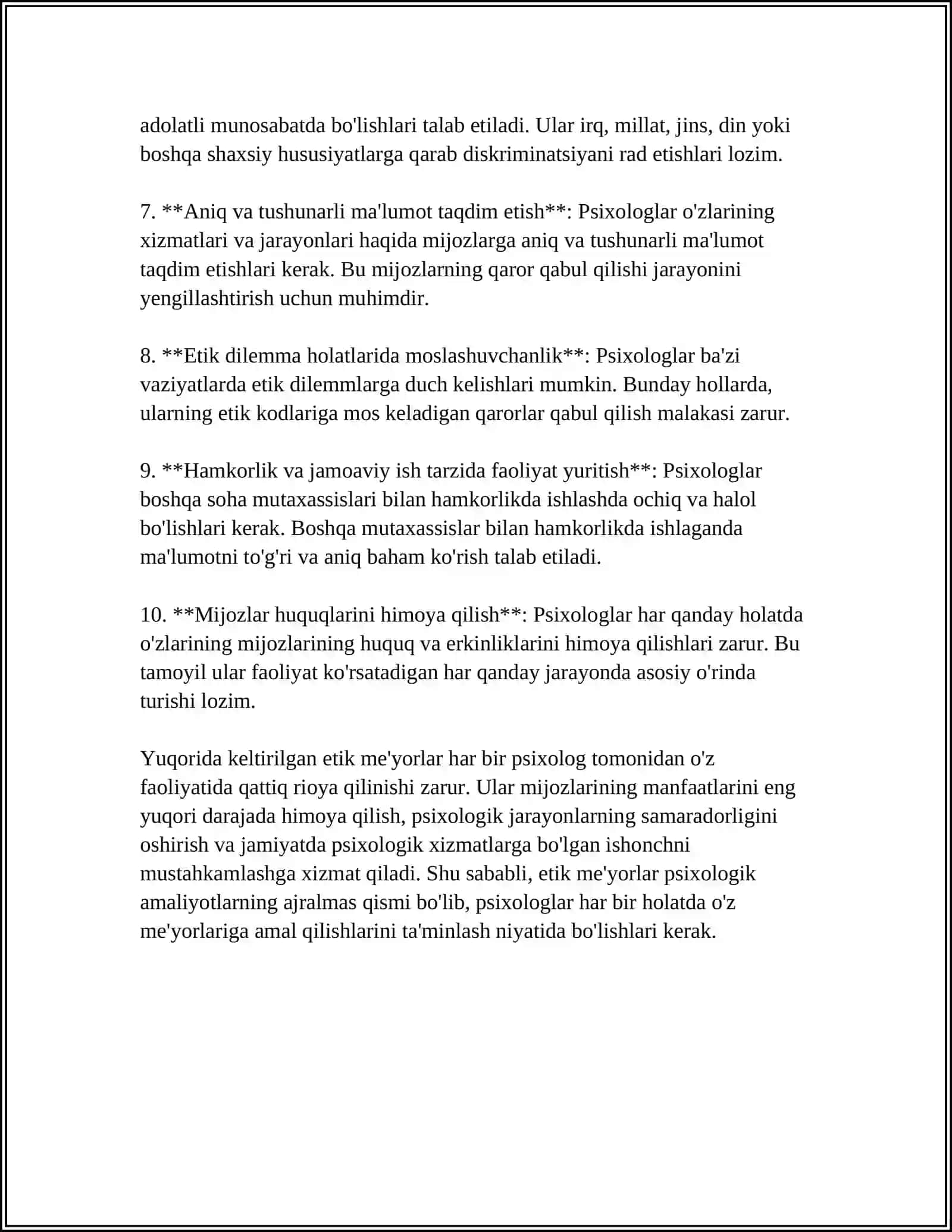 PSIXOLOG FAOLIYATINI ETIK MUAMMOSI, KASBIY MEYORLARNING OZIGA XOSLIGI 4