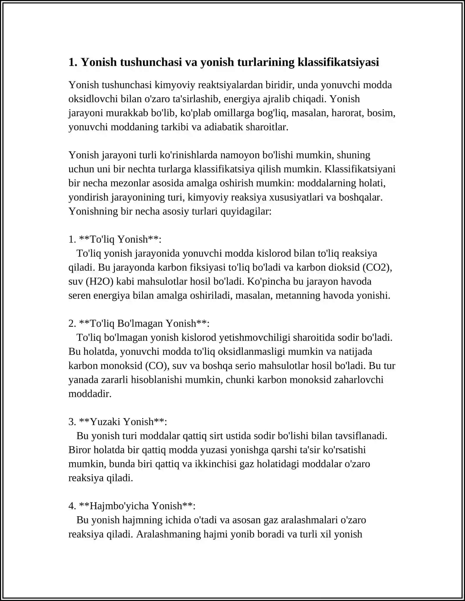YONISH JARAYONINING TURLARINI VA YONISHDA YUZAGA KELADIGAN FIZIK-KIMYOVIY JARAYONLARNI OʻRGANISH 4