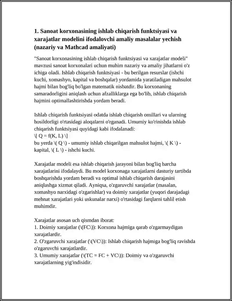 SOHADAGI IQTISODIY TIZIMNI IFODALOVCHI AMALIY MASALALAR YECHISH(SOHA BO‘YICHA MATHCAD SISTEMALARIDA ISHLASH) 4