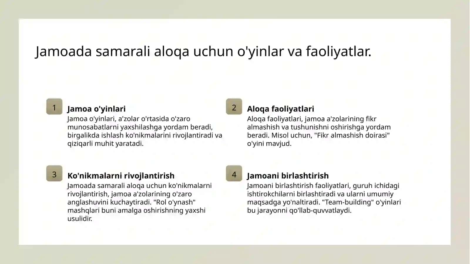 Guruhiy dinamikani shakllantirishga qaratilgan mashqlar 4