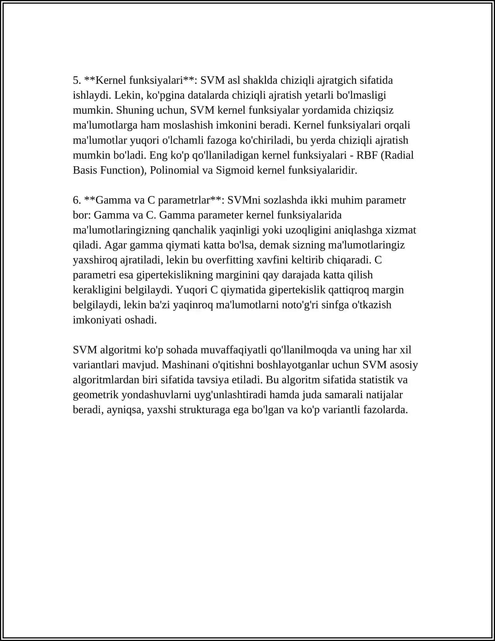 MUSTAQIL ISH Mavzu: SUPPORT VECTOR MACHINES (SVM): SVM ALGORITMI ASOSLARI VA QO'LLANILISHI 4
