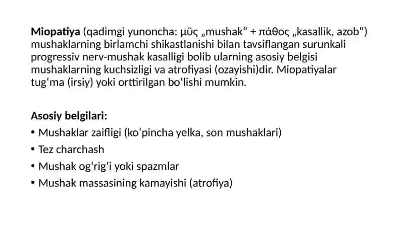 MIOPATIYA.MUSHAKLAR DENERVATSIYASI” VA “MIOKARD INFARKTI VA UNGA ERTA VA KECH TASHXIS QO’YISH 4