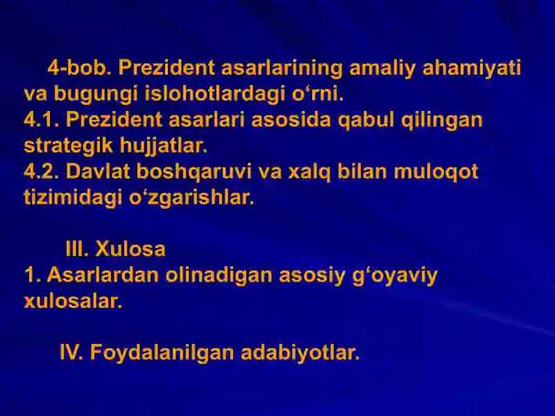 prezident asarlari mavzusida kurs ishi.   prezident asarlari mavzusida mustaqil ish. 4