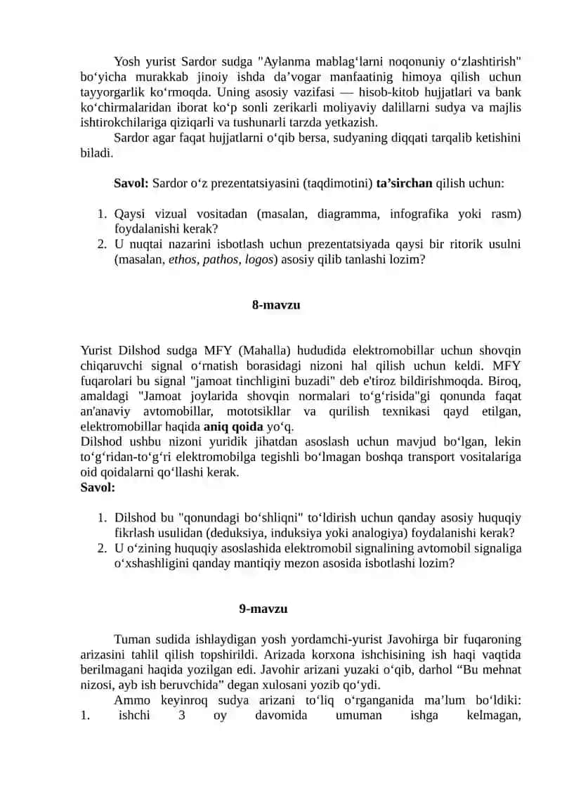 Huquqshunoslik fanidan tuzilgan kazuslar 4