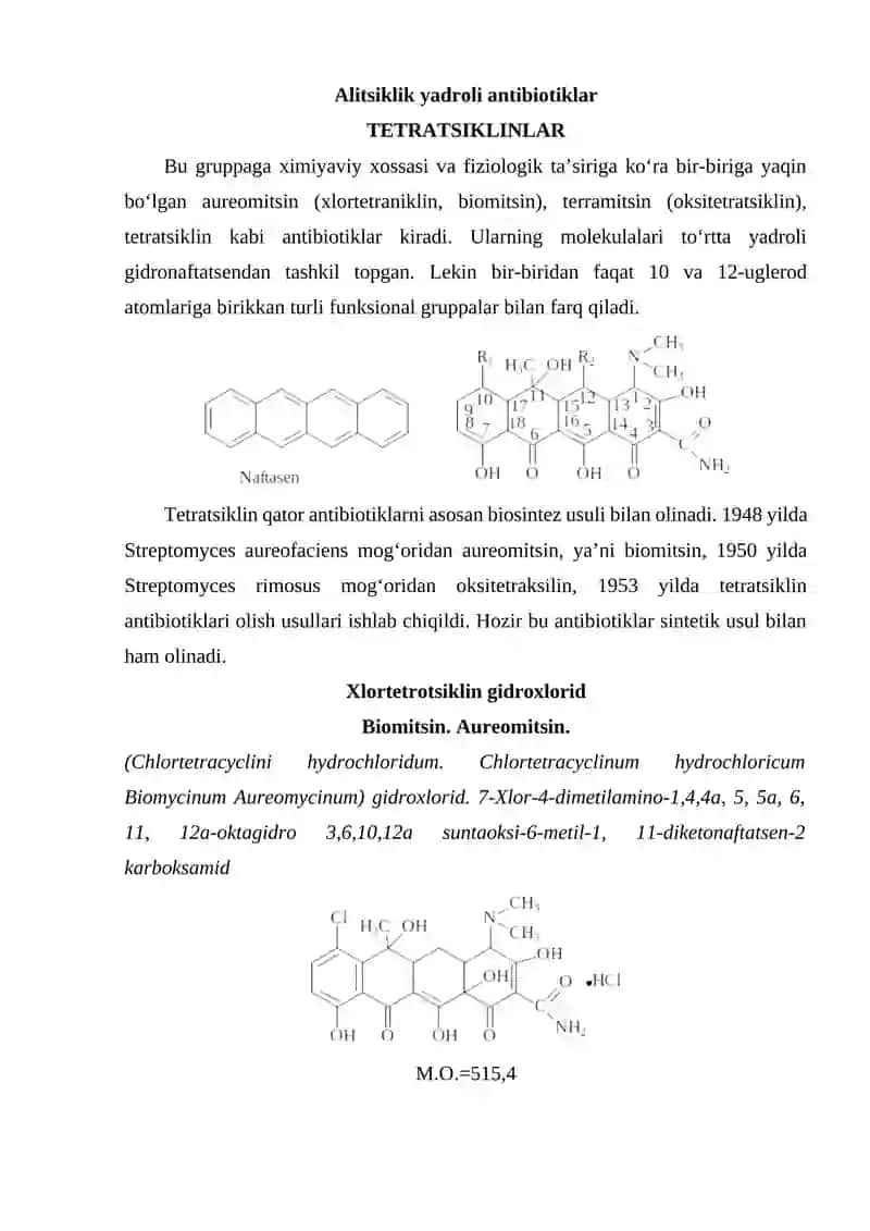 Tetratsiklin XLortetratsiklin gidroxlorid olinishi tuzilishi va xossalari 4