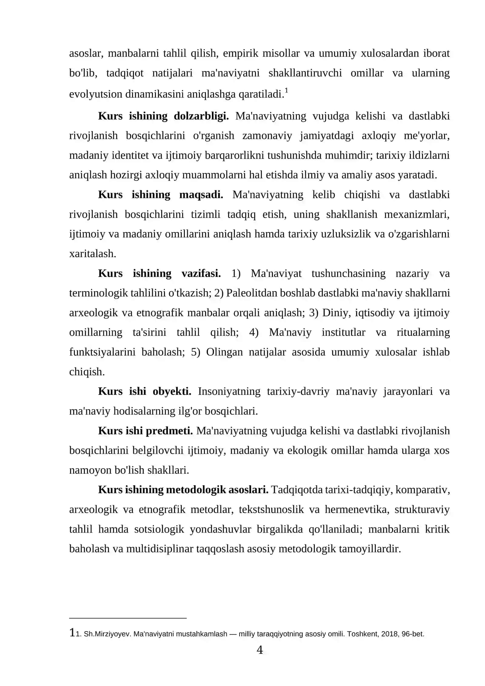 "MA'NAVIYATNI VUJUDGA KELISHI VA DASTLABKI RIVOJLANISH BOSQICHLARI" MAVZUSIDAGI KURS ISHI 4
