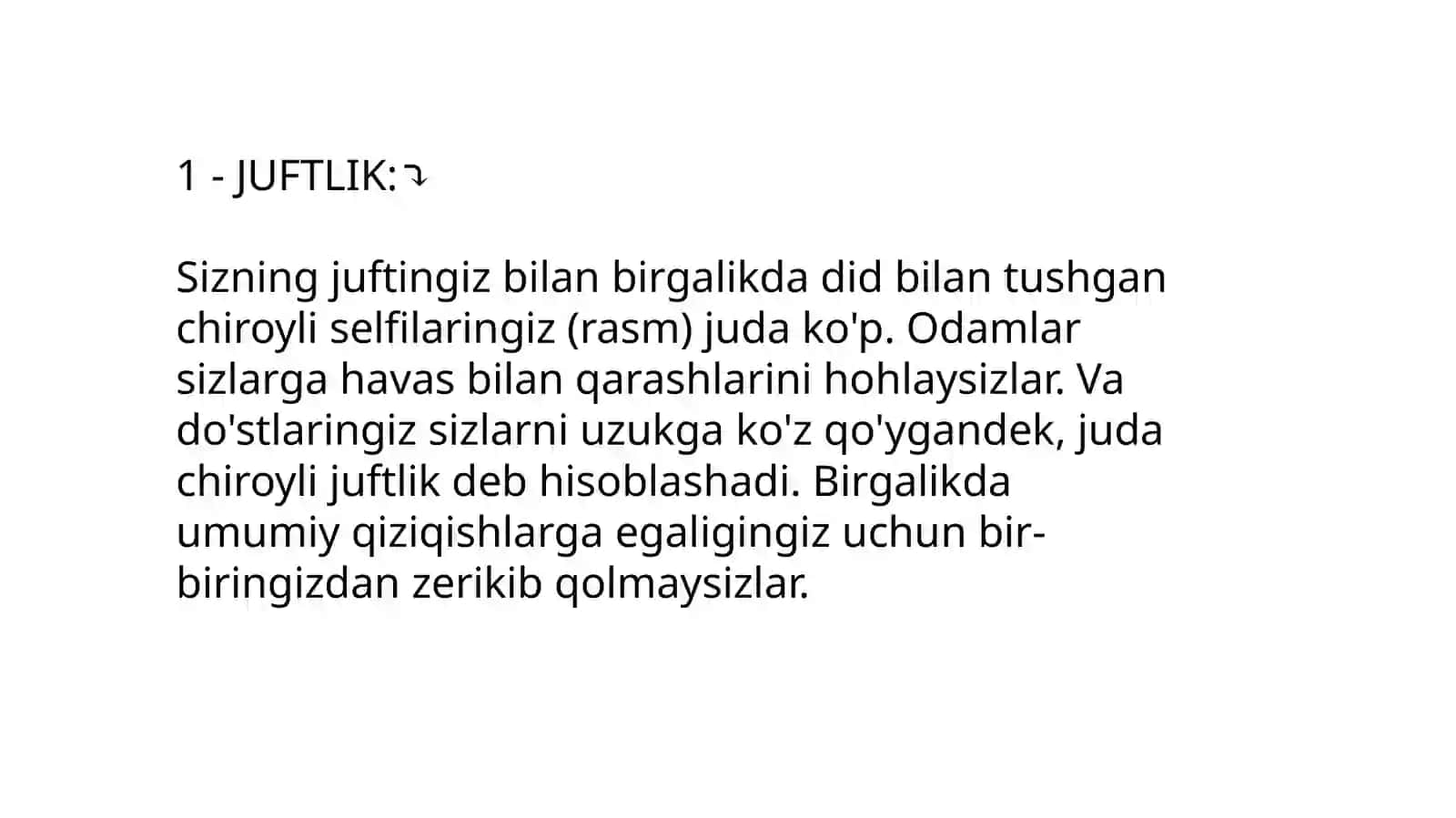RASMDAGI QAYSI JUFTLIKNING BIR-BIRIGA BO'LGAN ILIQ MUNOSABATI, SIZNING JUFTLIGINGIZGA O'XSHAYDI? 4