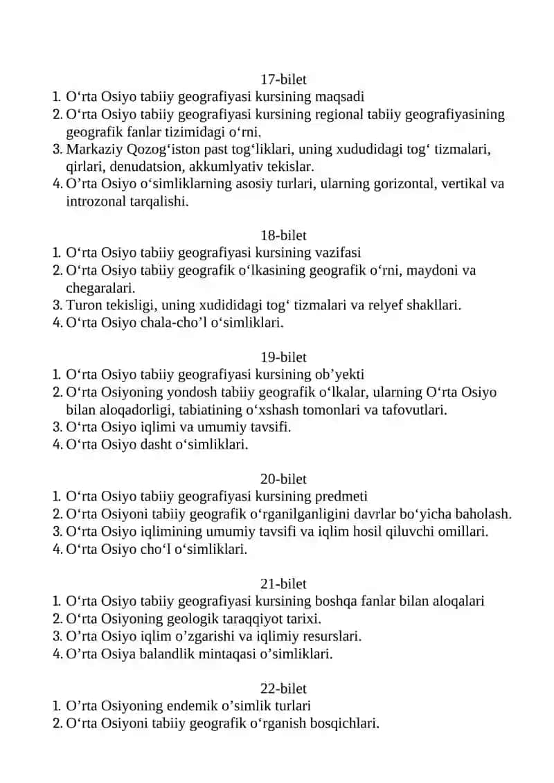 O‘rta Osiyo tabiiy geografiyasi fanidan yakuniy nazorat savollari 4