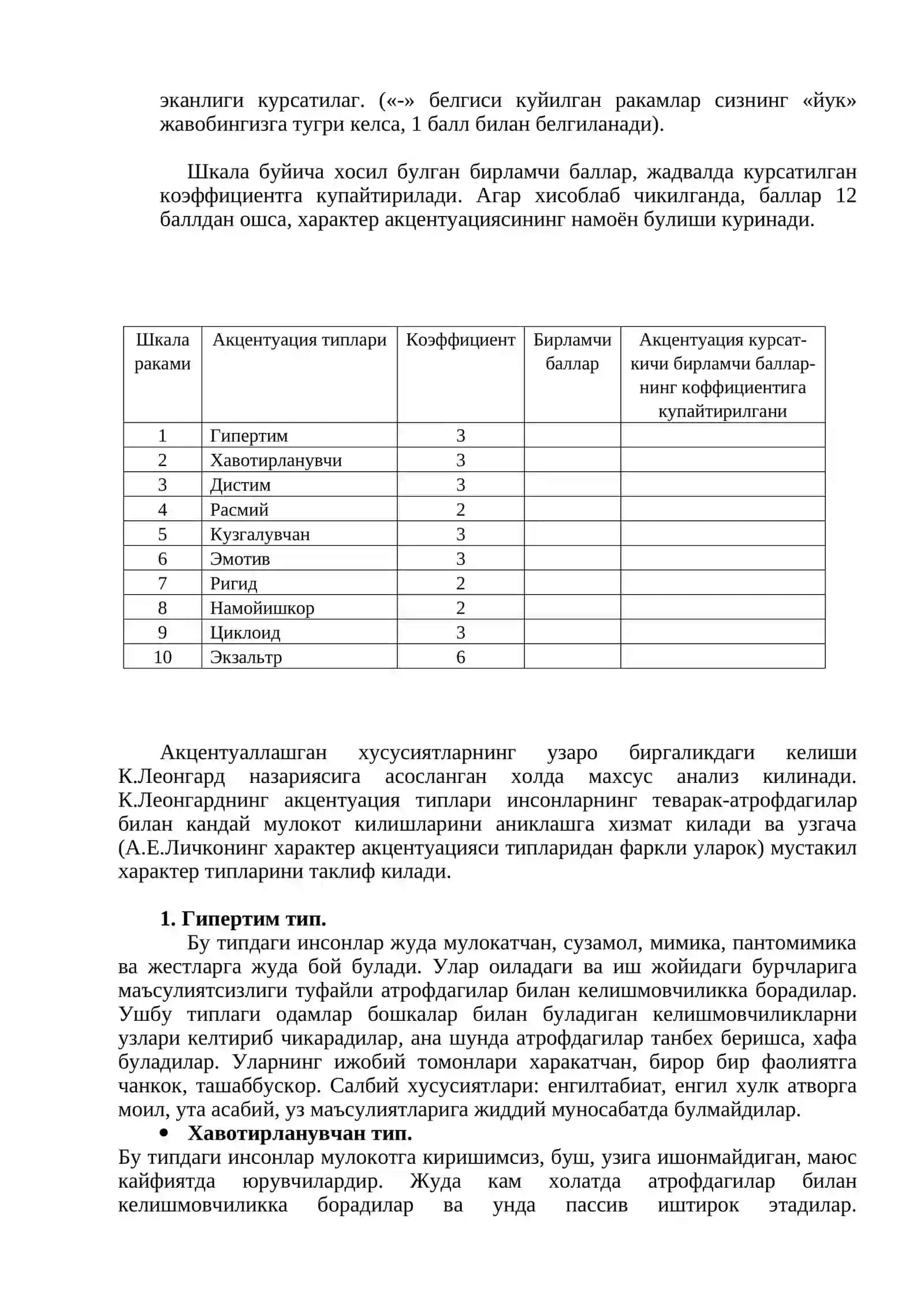 ШМИШЕК тест – саволномаси ёрдамида усмирларнинг характер акцентуациясини аниклаш 4