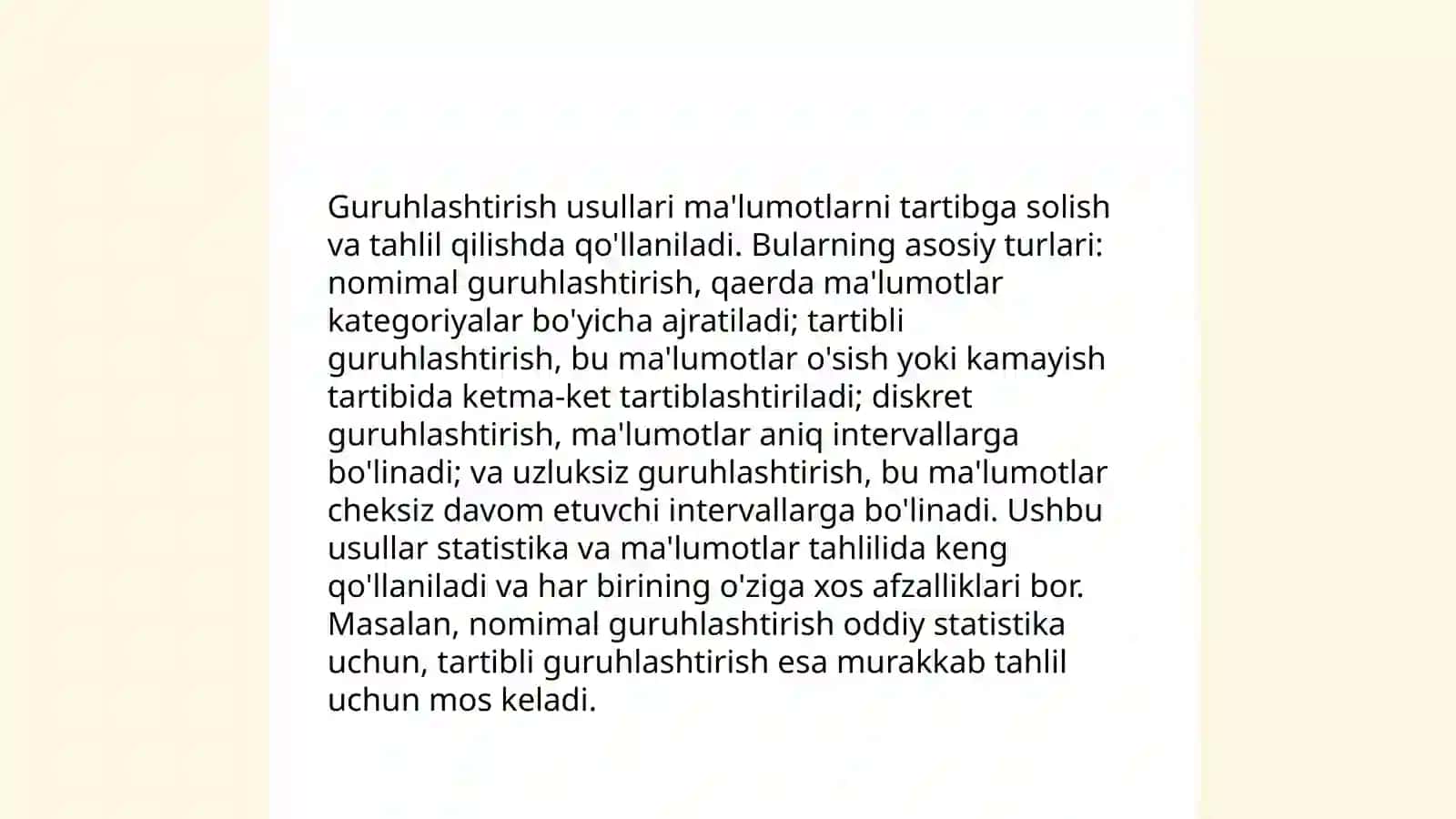 Guruhlashtirish usuli va uni tahlilda qo'llanishi 4