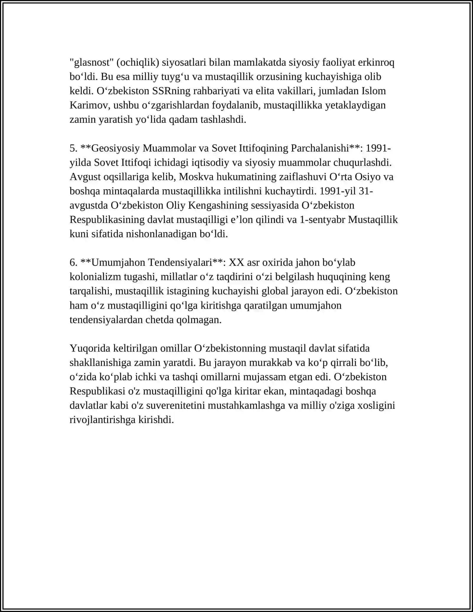 MUSTAQIL O'ZBEKISTON RESPUBLIKASI TASHKIL TOPISHI VA UNING TARIXIY AHAHMIYATI 4