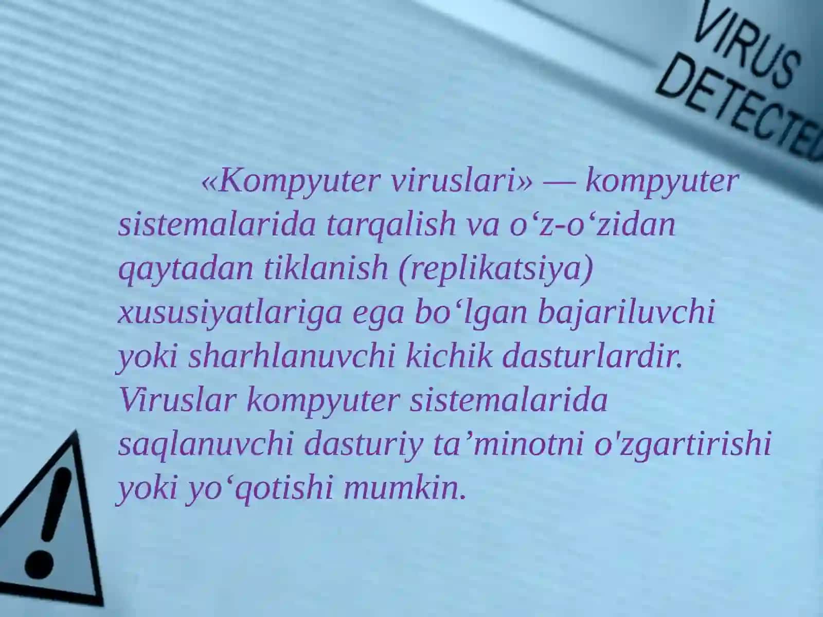 Antivirus dasturiy vositalar: kompyuter viruslarining xarakteristikalari, viruslarni aniqlash va ulardan himoya qilish dasturlari. 4