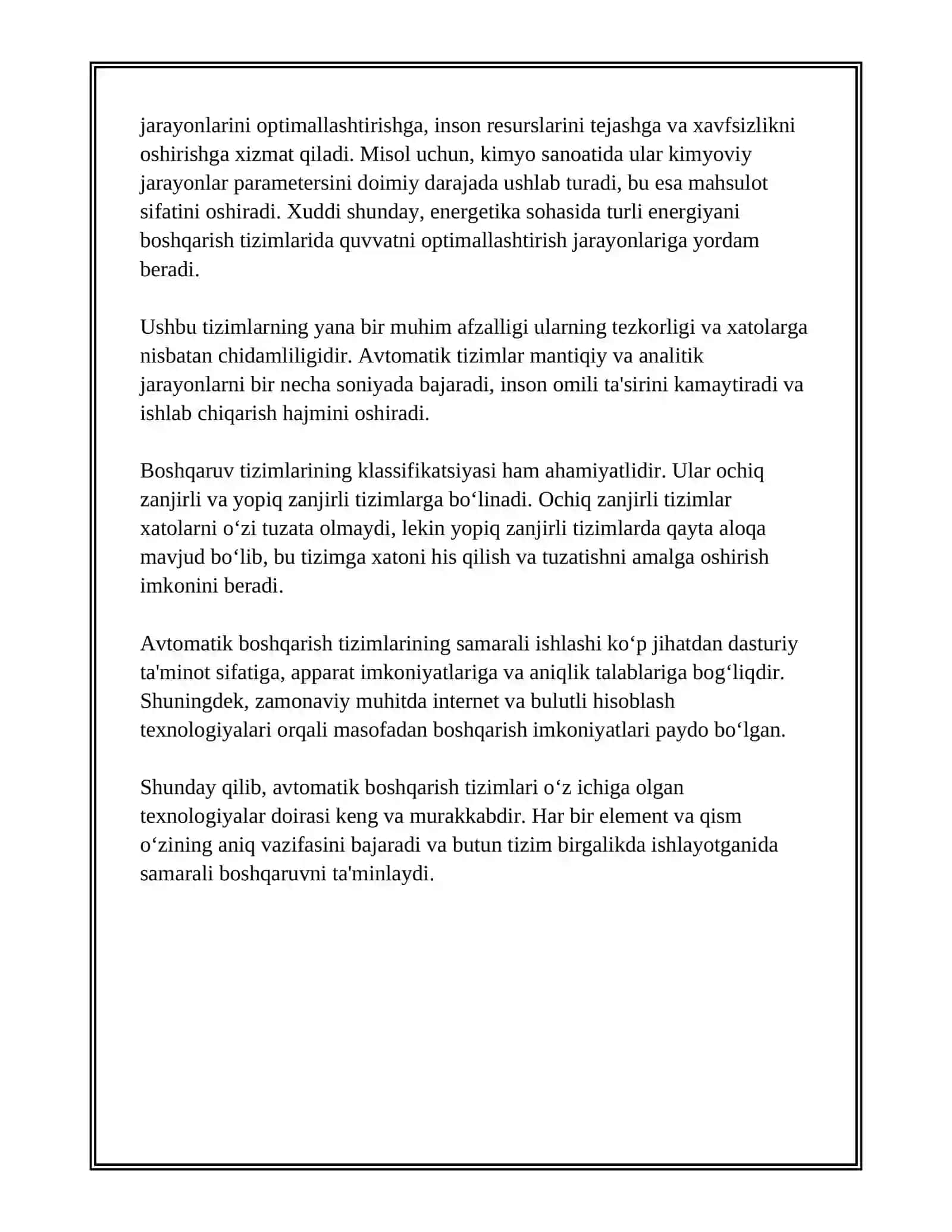 AVTOMATIK BOSHQARISH TIZIMLARI TUSHUNCHASI, VAZIFALARI VA SANOATDA QO'LLANILISHI 4