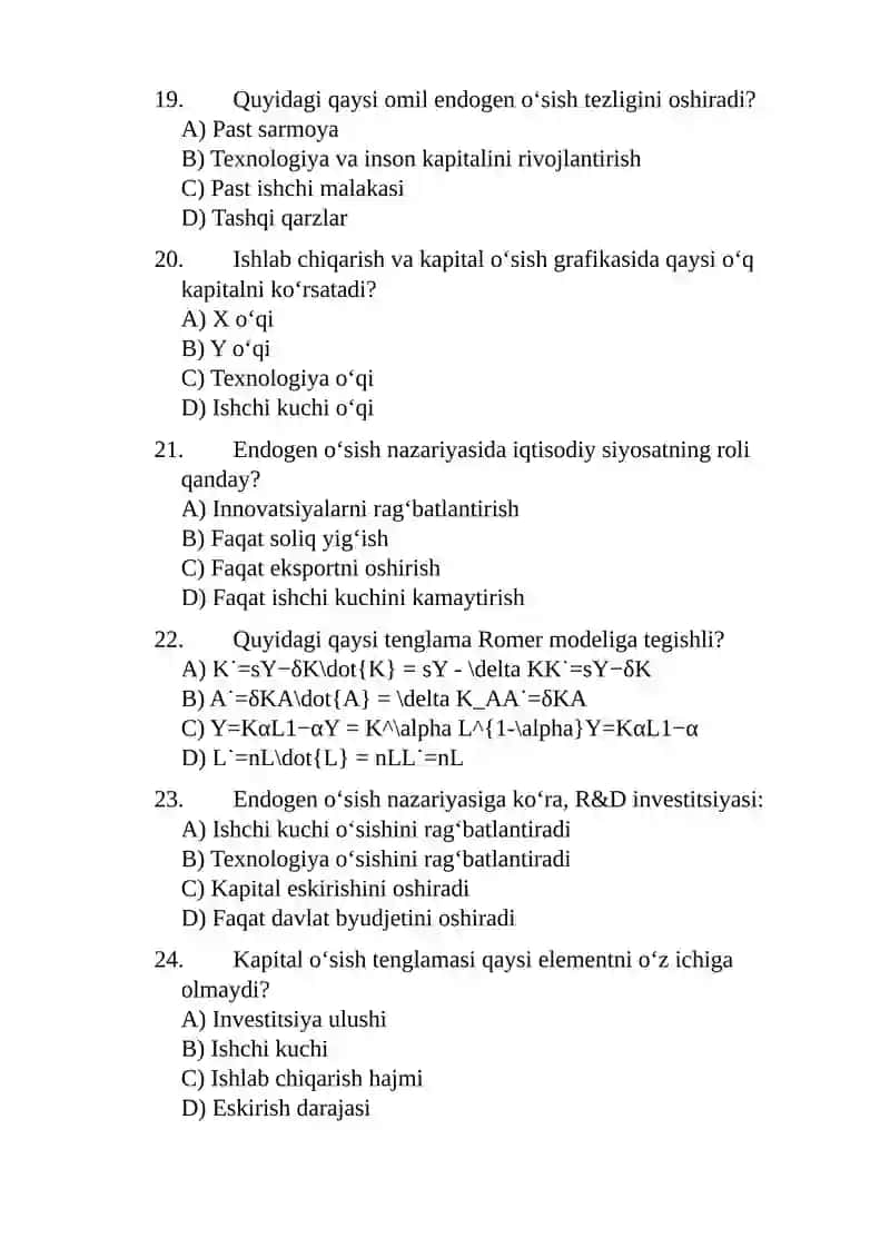 Endogen o'sish nazariyasi va uning kapital to'planishiga ta'siri testlar javoblari bilan 4