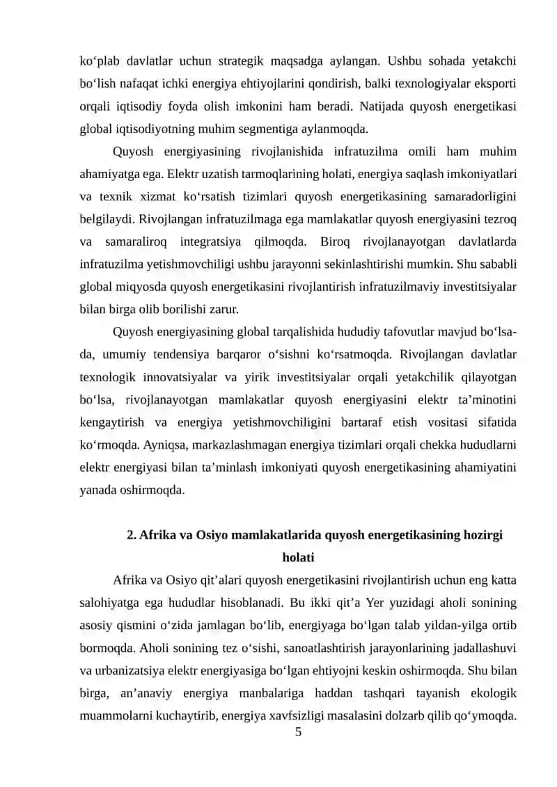 Quyosh energiyasining tarqalishi, Afrika va Osiyo uchun iqtisodiy model 4