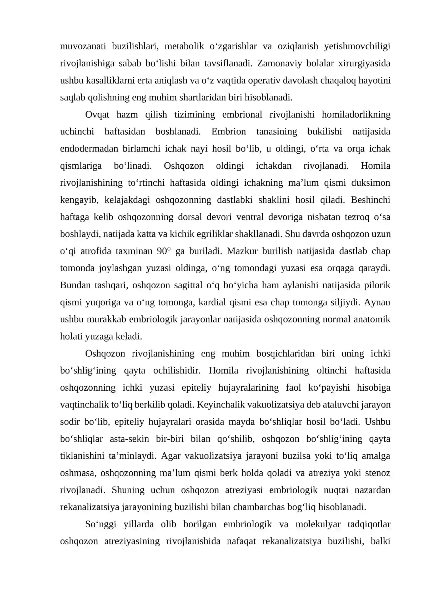 Oshqozon-ichak trakti tugʻma (yuqori) rivojlanish nuqsonlari (oshqozon atreziyasi, pilorostenoz, malrotatsiya sindromi, 12 barmoq ichak atreziyasi, Ledda sindromi). Oshqozon-ichak trakti tugʻma (pastki) rivojlanish nuqsonlari (mekonial ileus, megakolon, oshqozon-ichak trakti ikkilanishi), anorektal nuqsonlar, Girshprung kasalligi. Tugʻma oshqozon va 12 barmoq ichak (yuqori ichak) tutilishi. 4