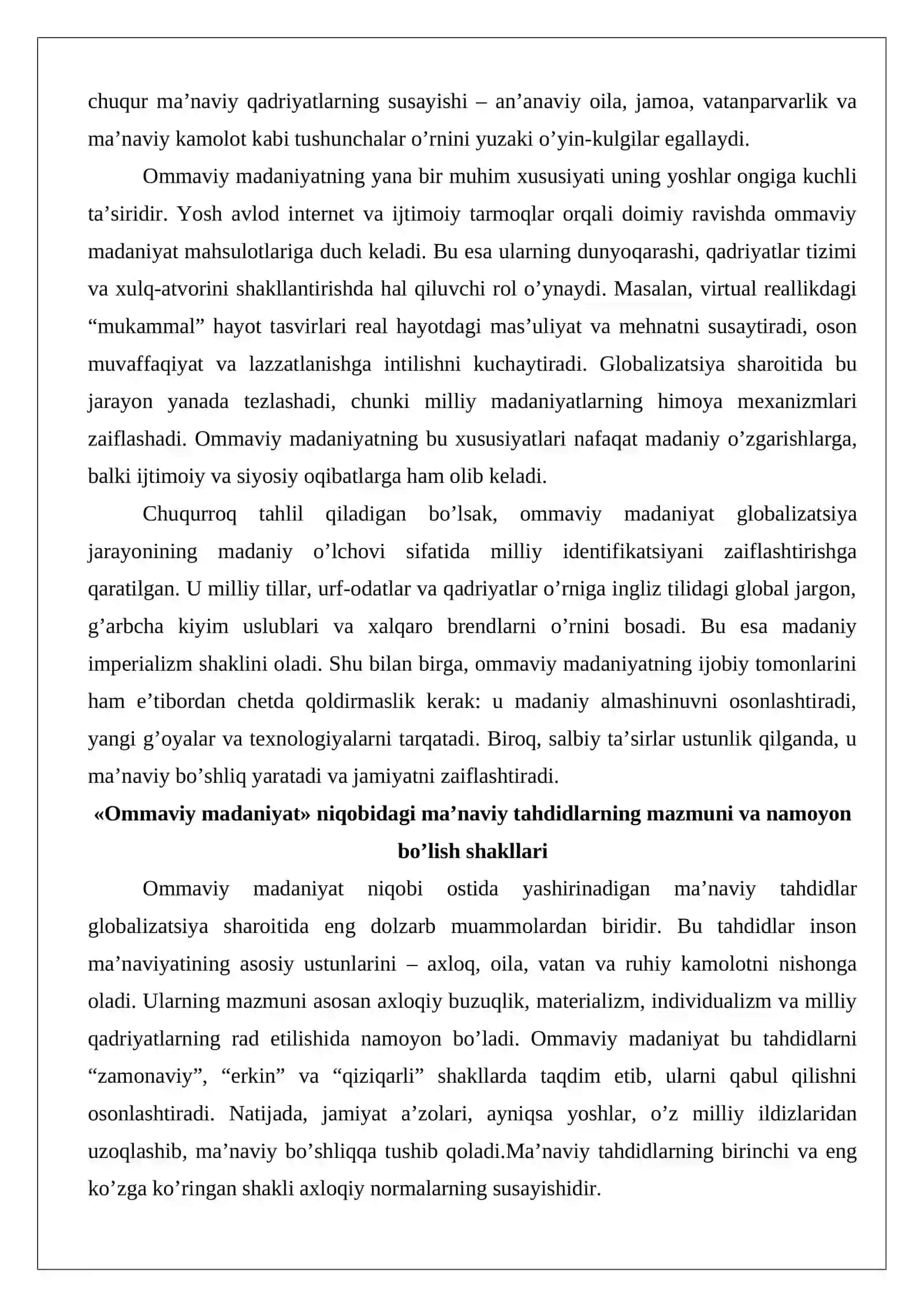 Globalizatsiya sharoitida ommaviy madaniyat niqobidagi ma'naviy tahdidlar va ularni 4
