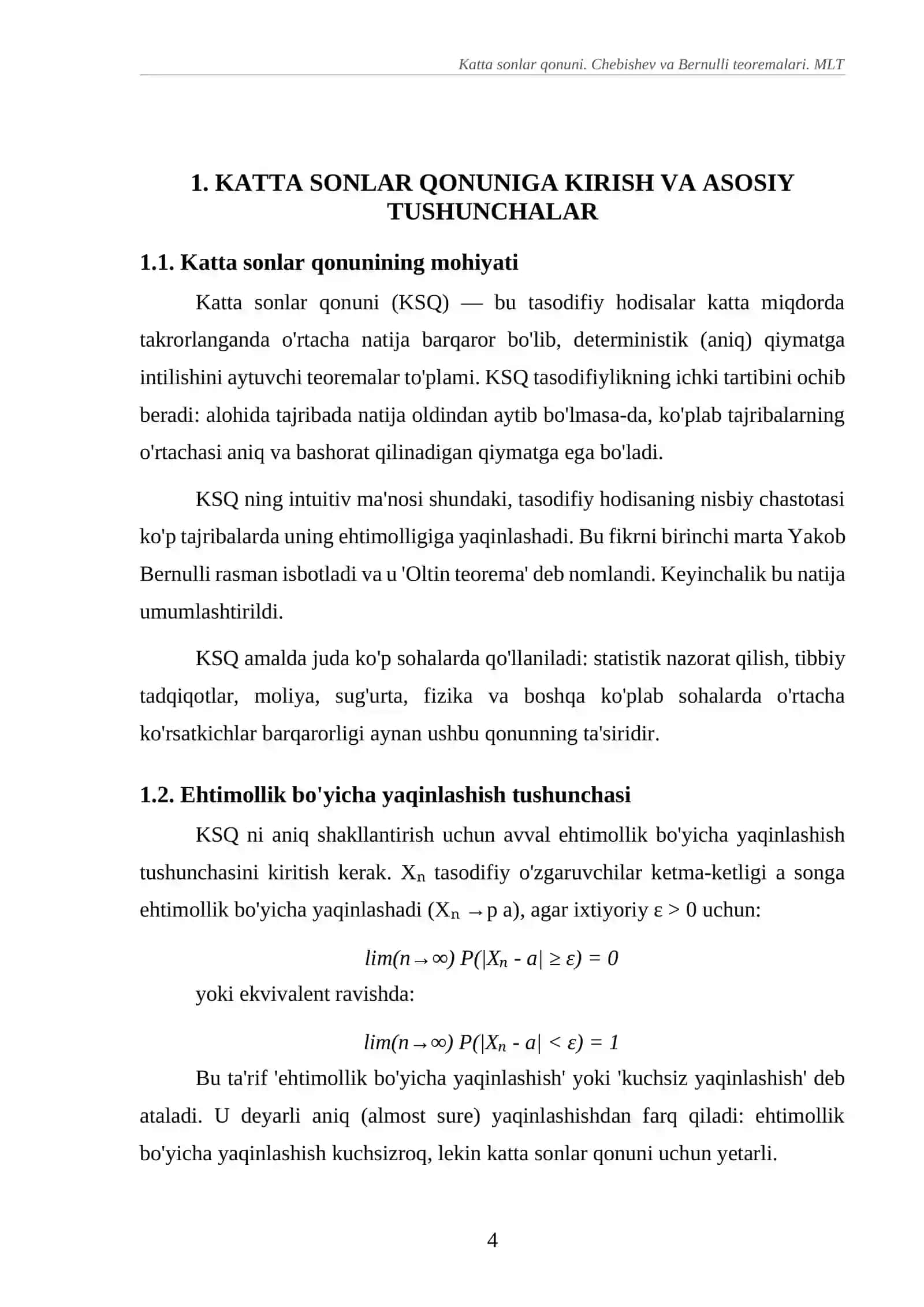 KATTA SONLAR QONUNI. CHEBISHEV VA BERNULLI TEOREMALARI. MARKAZIY LIMIT TEOREMALARI 4