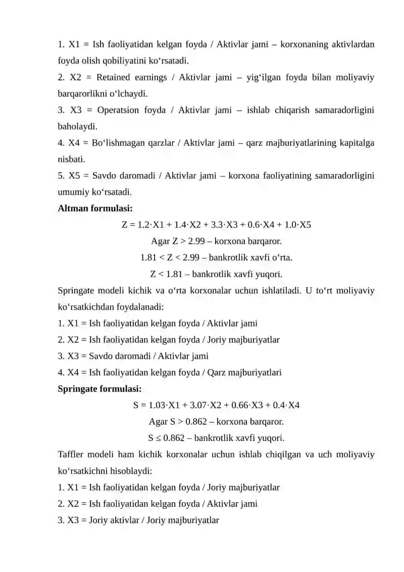 Korxonalar iqtisodiy nochorligi (bankrotligi)ni baholash va tahlil qilishning axborot manbalari va ko‘rsatkichlar tizimi 4