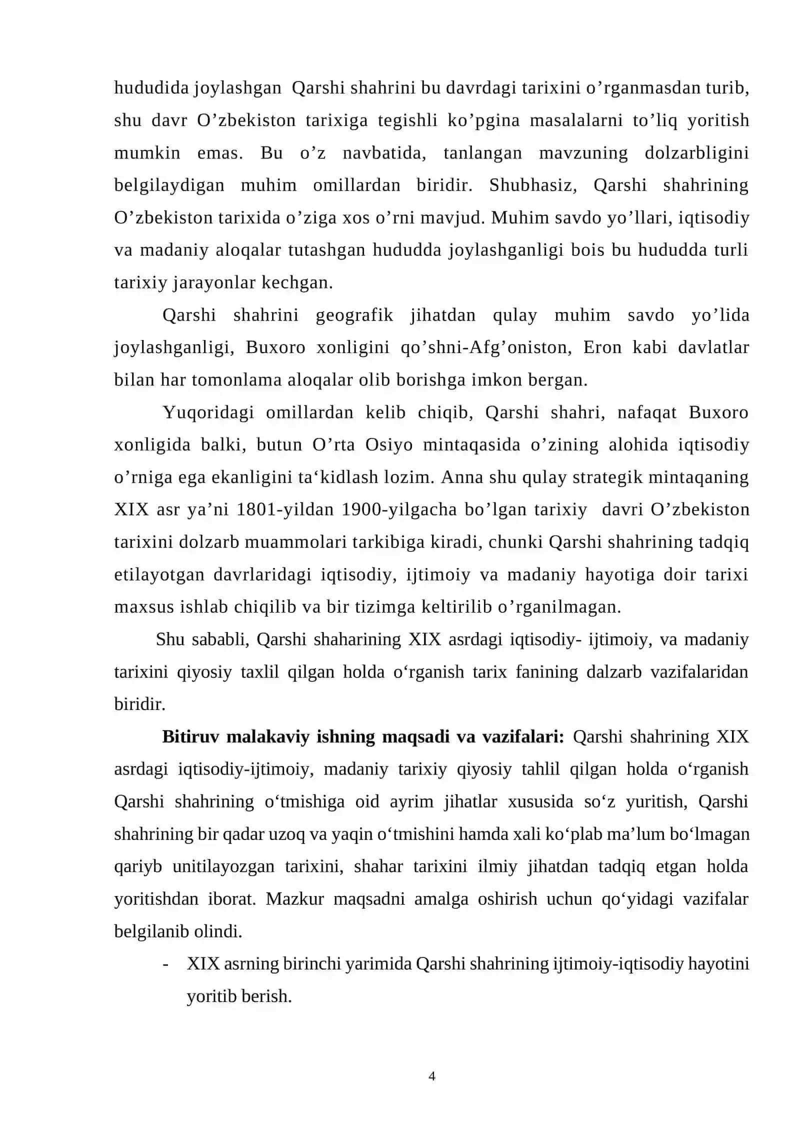 Qarshi shahrining ijtimoiy-iqtisodiy va madaniy hayoti (XIX asr misolida) BITIRUV MALAKAVIY ISHI 4