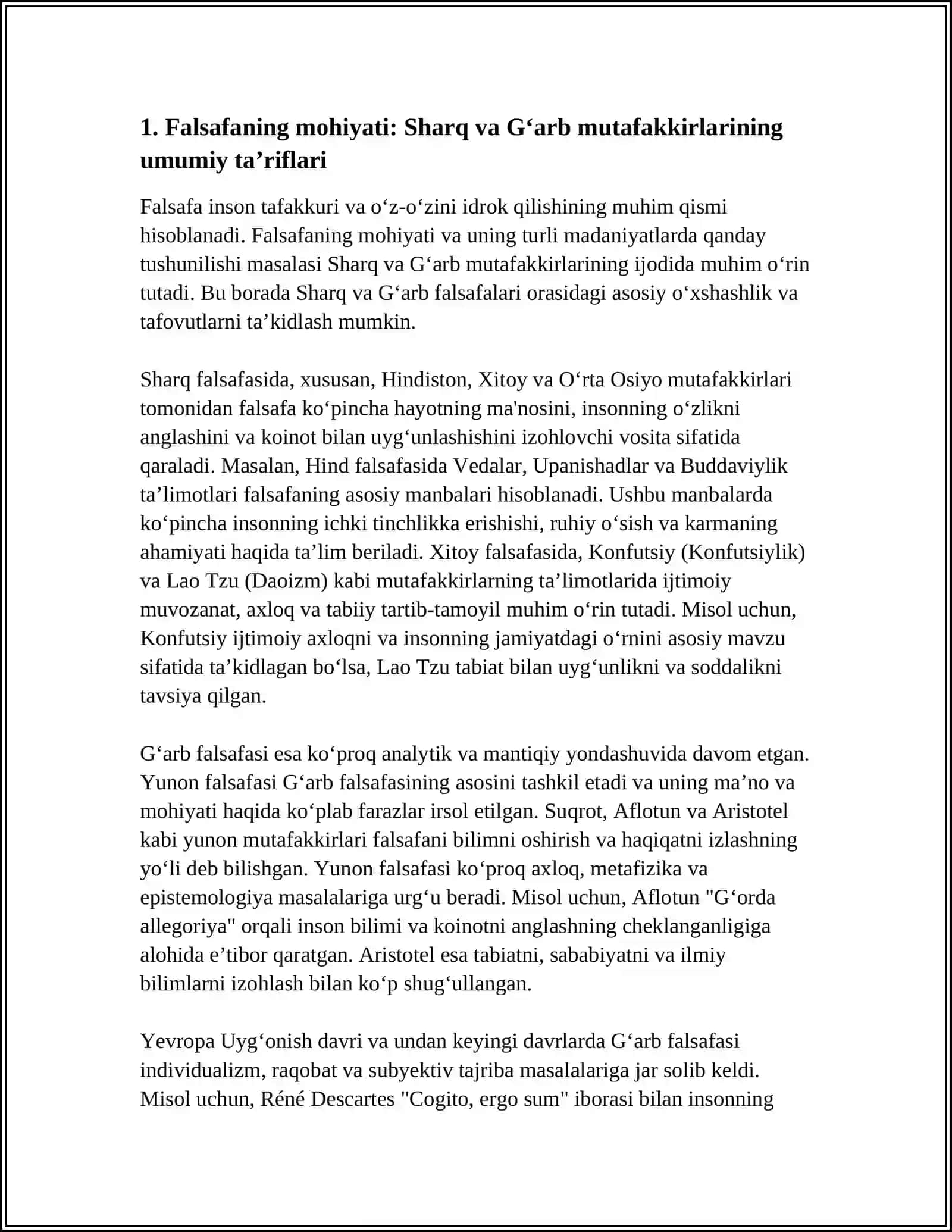 FALSAFANING MOHIYATIGA OID SHARQ VA G‘ARB MUTAFAKKIRLARI TA’RIFLARINI TASNIFLASH VA ULAR BO‘YICHA PREZENTATSIYA TAYYORLASH 4