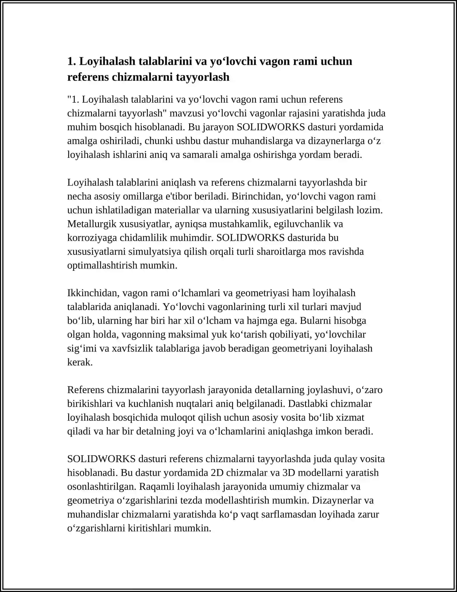 SOLIDWORKS DASTURI YORDAMIDA YO'LOVCHI VAGONLAR RAMASINI MODELLASHTIRISH 4