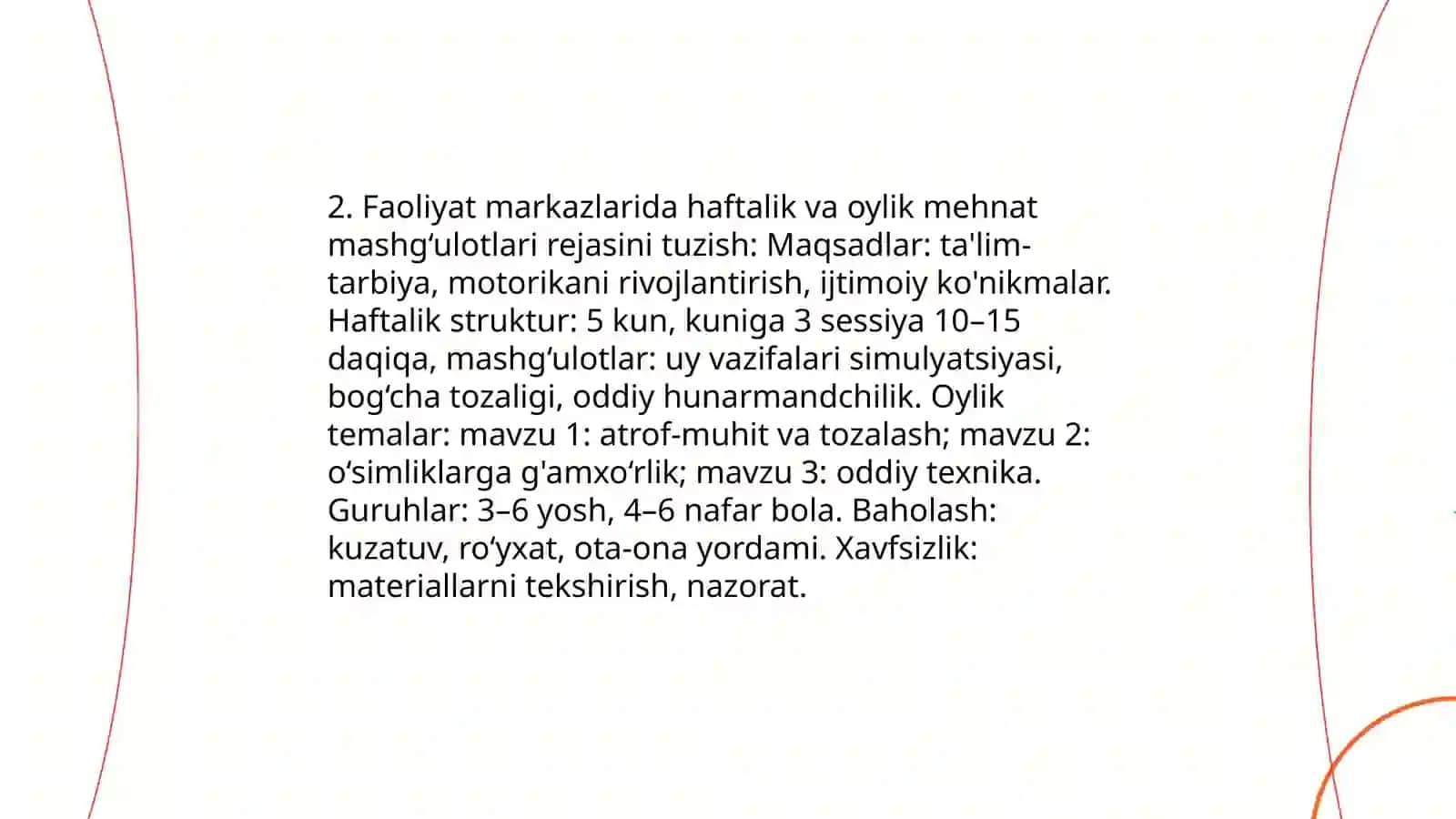 Ilk qadam davlat o‘quv dasturi asosida faoliyat markazlarida maktabgacha yoshdagi bolalar mehnatini tashkil qilish 4