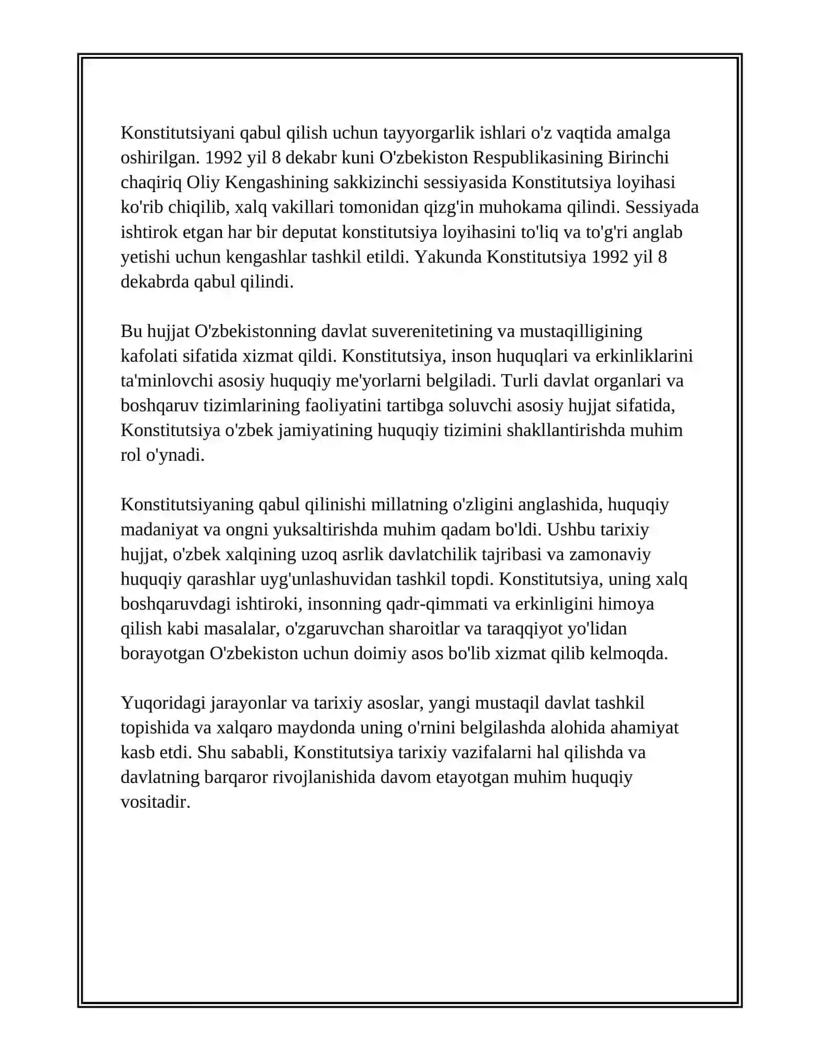 O’ZBEKISTON RESPUBLIKASI KONSTITUTSIYASINING QABUL QILINISHI VA UNING TARIXIY AHAMIYATI 4