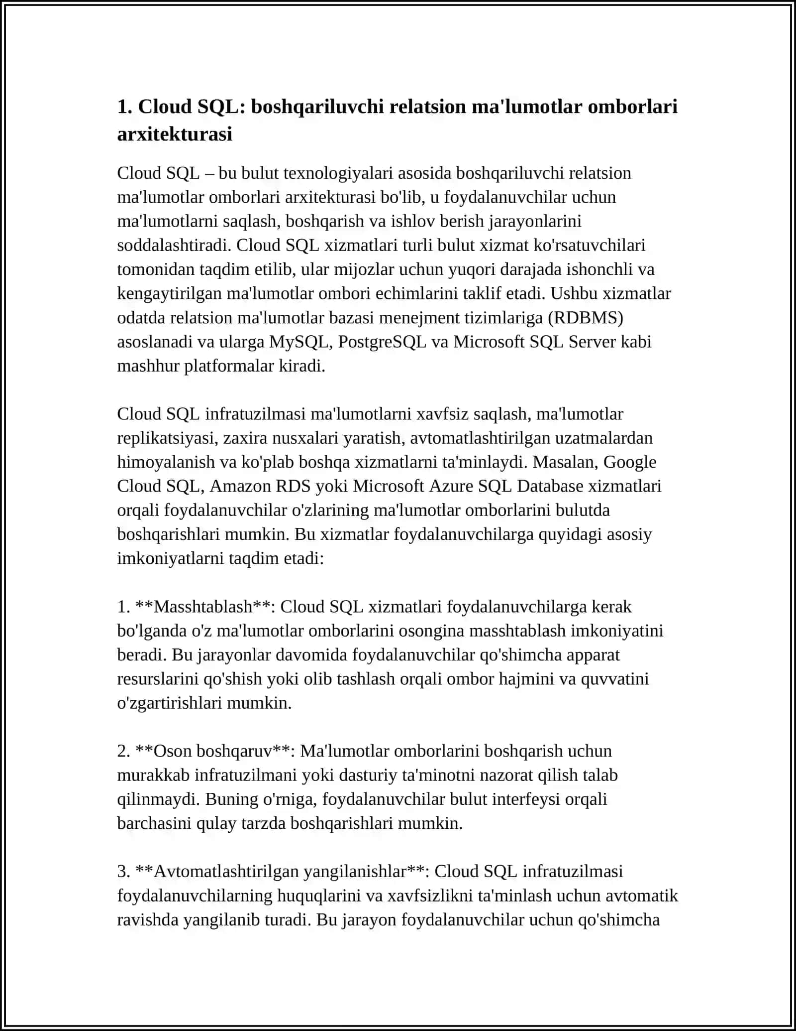 BULUT TEXNOLOGIYALARIDA ISHLATILADIGAN MA'LUMOTLAR OMBORLARI(CLOUD SQL,NOSQL) 4