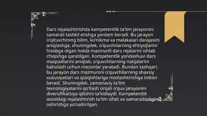 Pedagogik kompetentlik o‘qituvchilarning pedagogik bilim va ko‘nikmalarini to‘g‘ri va samarali qo‘llay olish qobiliyatini anglatadi 4
