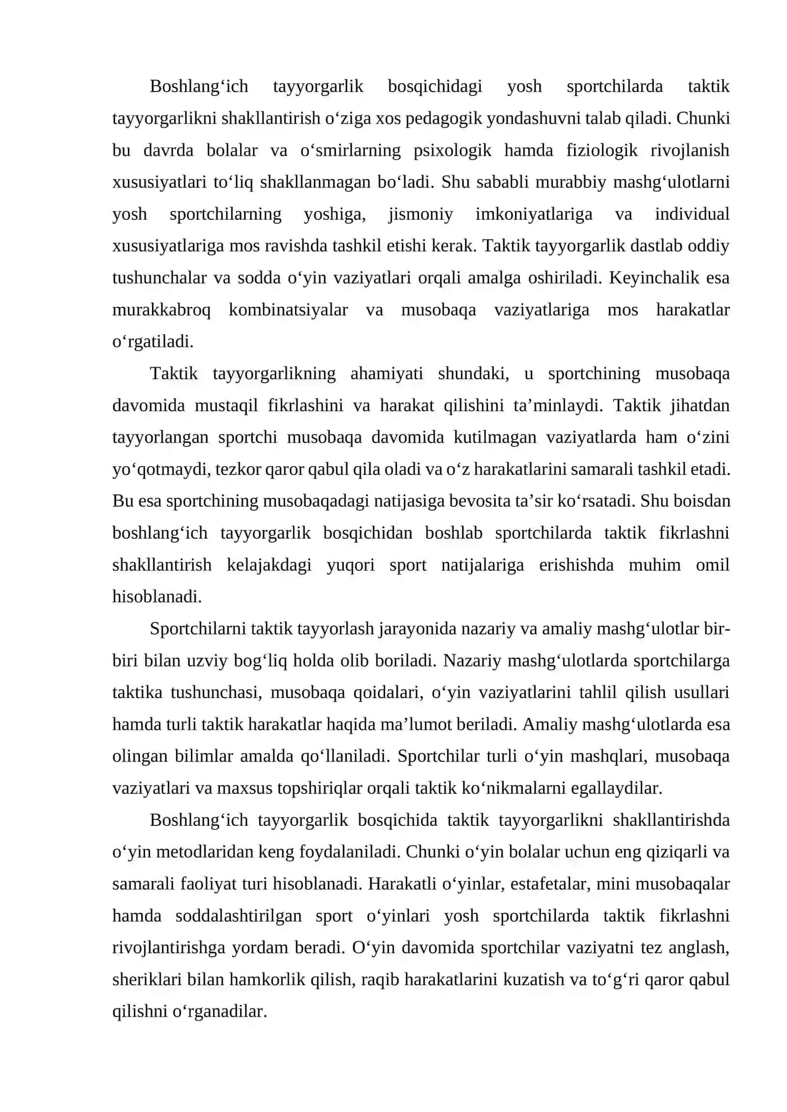 Boshlang'ich tayyorgarlik bosqichida taktik tayyorgarlikni garlikni aniqlash uchun test standartlari to'plamini tuza olish 4