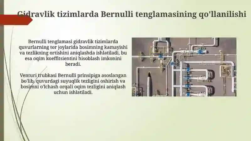 Bernulli tenglamasining gidravlik tizimlarda amaliy qo’lanilishi 4