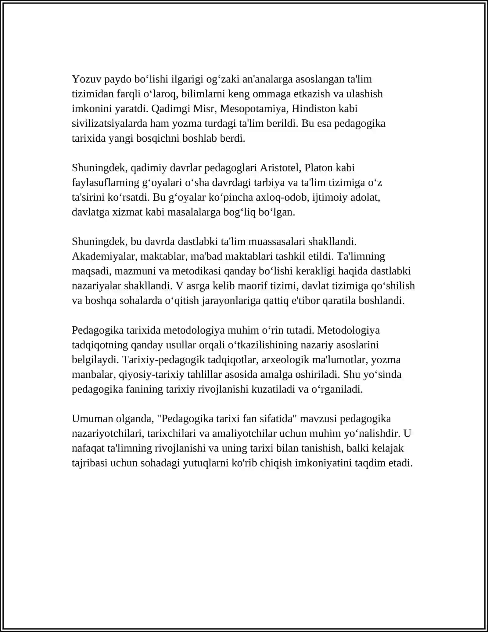 PEDAGOGIKA TARIXI FAN SIFATIDA.IBTIDOIY JAMOADA TARBIYA.ENG QADIMGI DAVRLARDAN VLL ASRGACHA TAʼLIM-TARBIYA VA PEDAGOGIK FIKRLAR 4