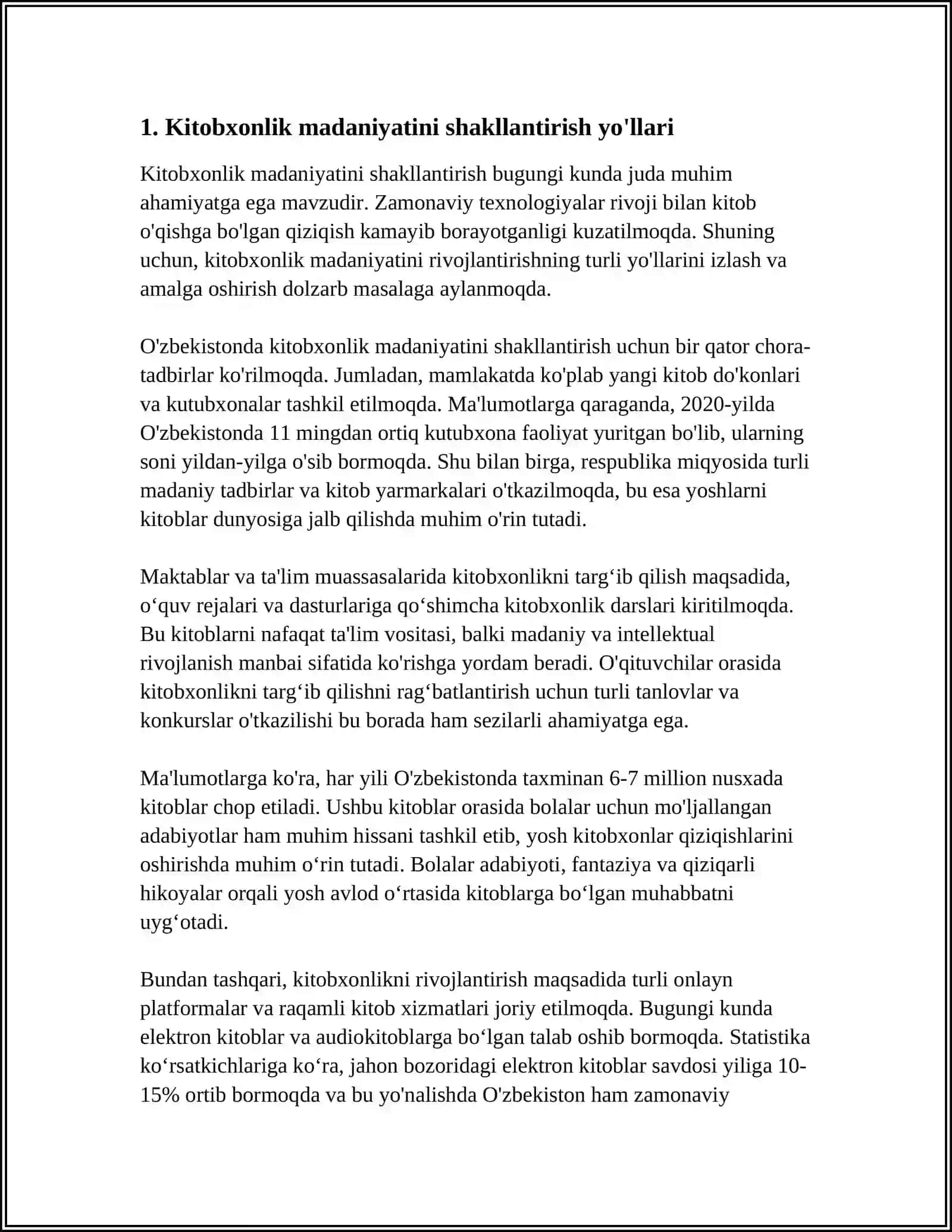 KITOB MUTOLAASI VA KITOBXONLIK MADANIYATINI YUKSALTIRISH TAMOYILLARI:MUAMMO VA ECHIMLAR 4