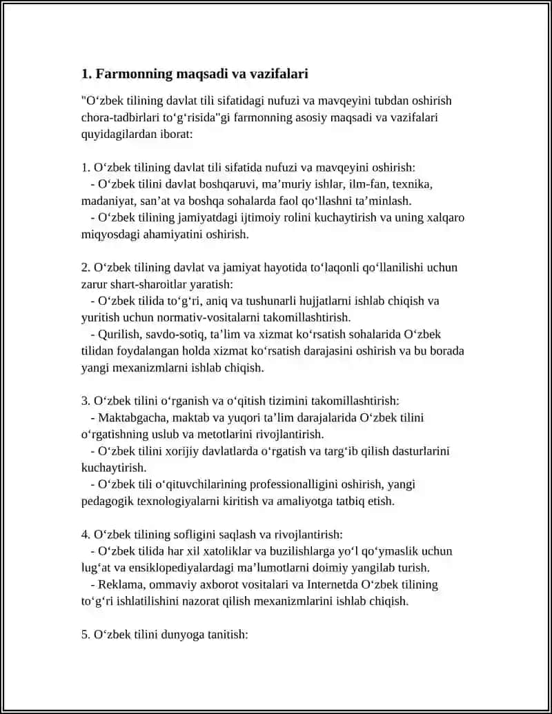 O'zbek tilining davlat tili sifatidagi nufuzi va mavqeyini tubdan oshirish chora-tadbirlari 4