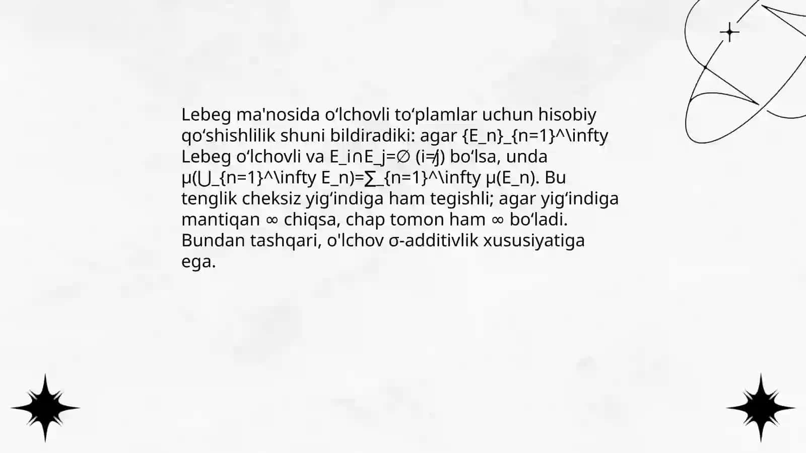 Lebeg ma'nosida oʻlchovli toʻplamlarning xossalari 4