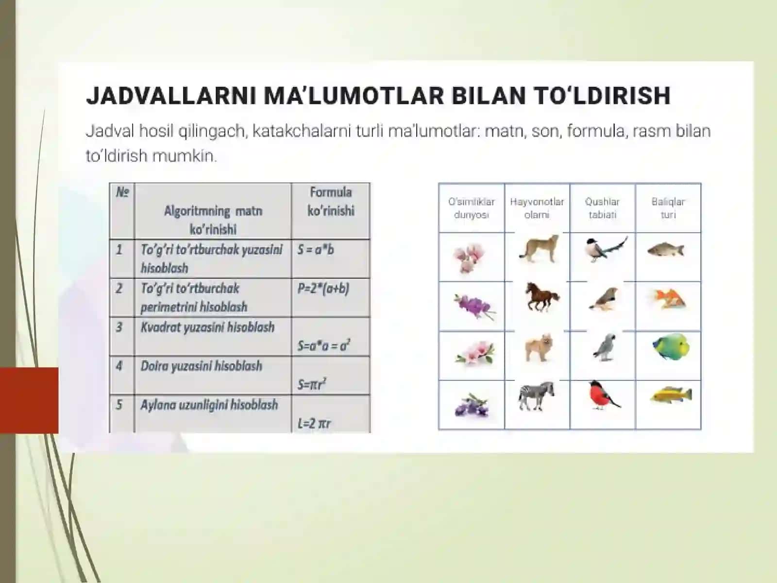 WORD TAHRIRLAGICHIDA JADVAL YARATISH VA FORMATLASH. JADVALGA AXBOROTLAR KIRITISH, FORMATLASH, AXBOROTLARNI TARTIBLASH VA HISOBLASH 4