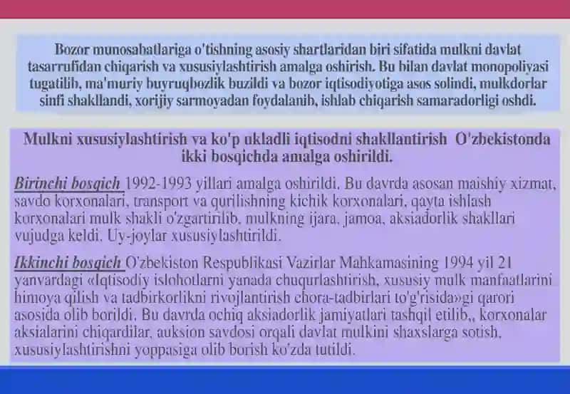 Iqtisodiy islohotlar, xususiy mulkchilikning shakllanishi. O’zbekistonda bozor munosabatlarining rivojlanishi. 4