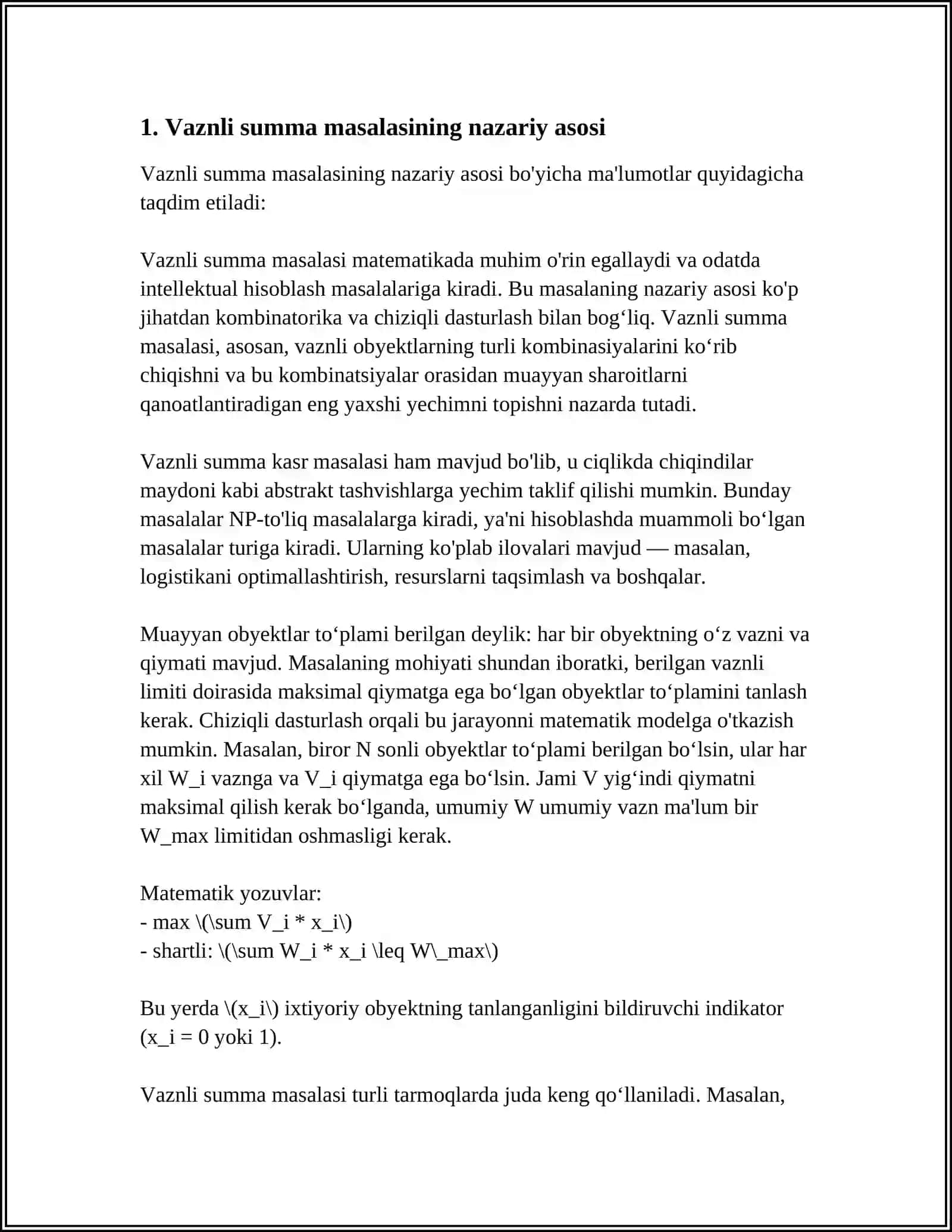DINAMIK DASTURLASH YORDAMIDA VAZNLI SUMMA MASALASINI YECHISH 4