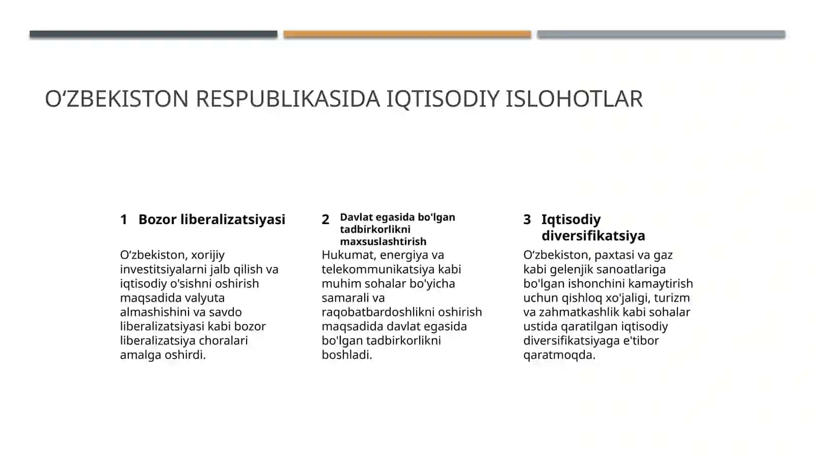 Oʻzbekiston respublikasida bozor munosabatlarining shakllanishi bosqichlari va xususiyatlari. 4