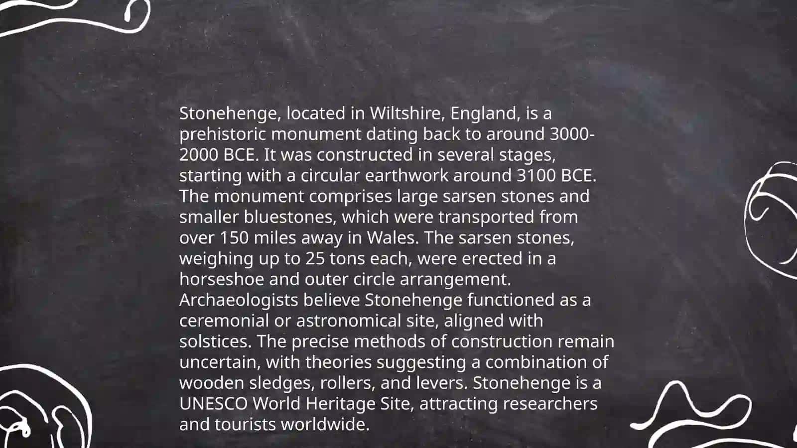 Plan: 1. History and Architecture of the Colosseum in Rome 2. The Origin and Construction of Stonehenge in England 3. The Significance and Restoration of the Parthenon in Athens 4