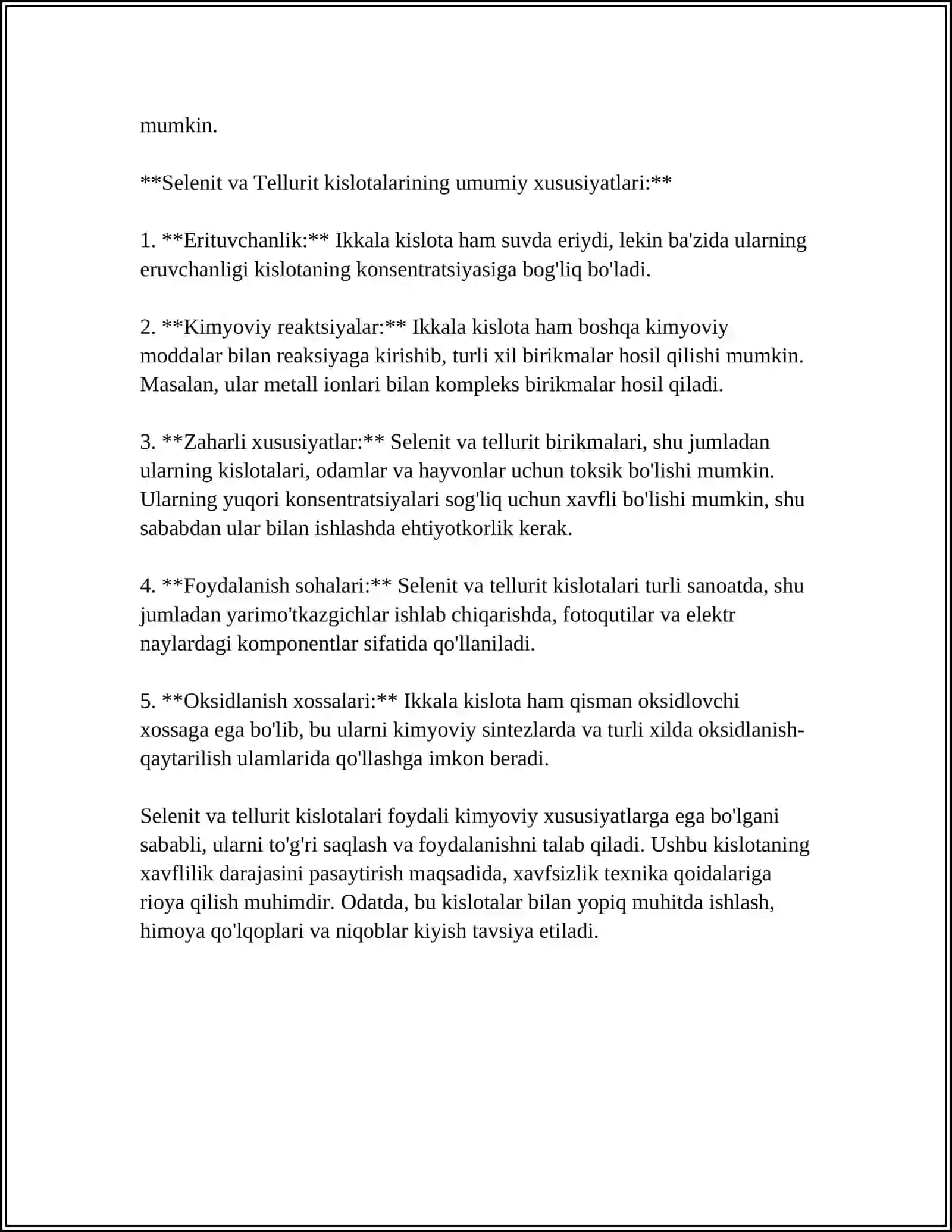 SELENIT VA TELLURIT KISLOTALAR.SULFIT-TELLURIT KISLOTALAR QATORIDA OKSIDLOVCHILIK-QAYTARUVCHILIK XOSSALARINING O'ZGARISHI 4