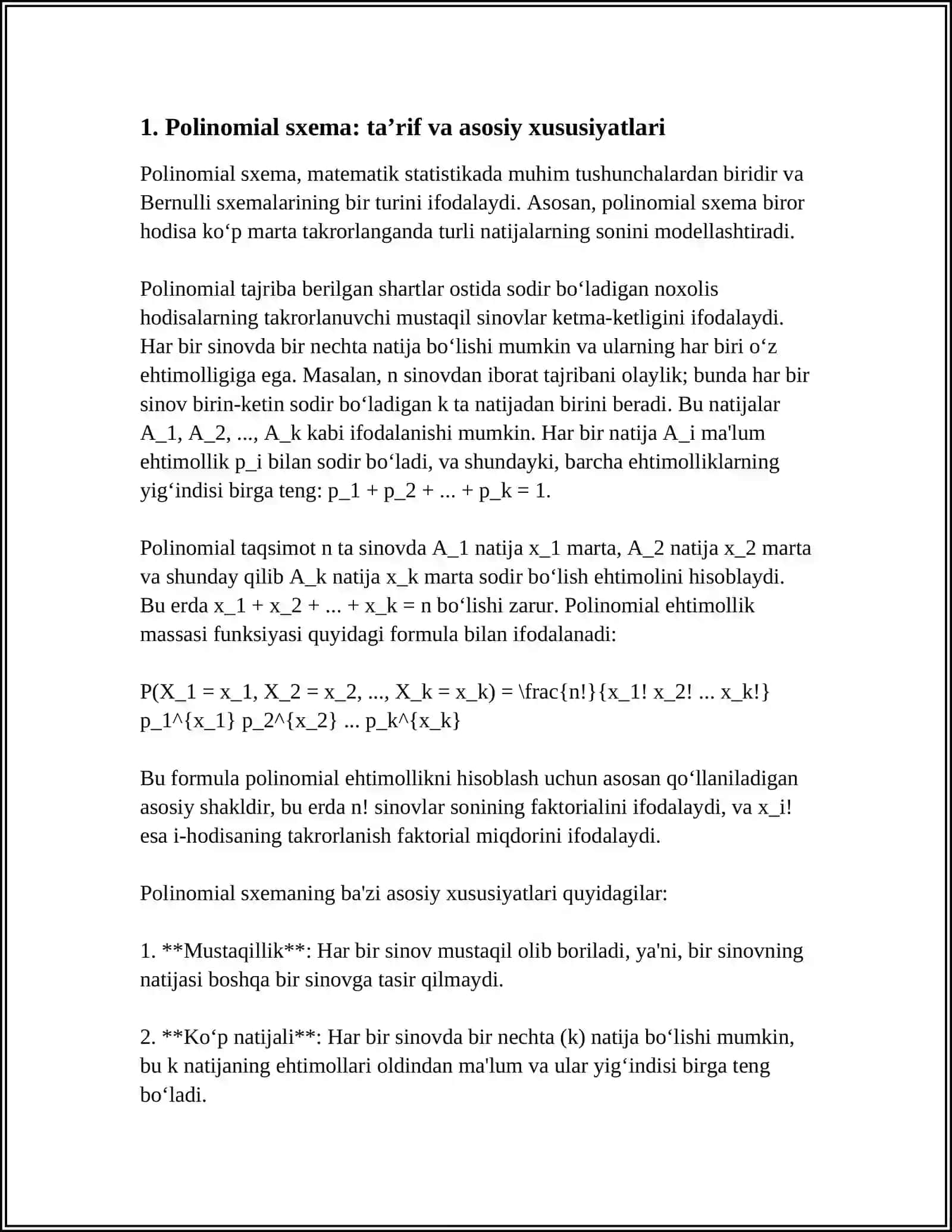 POLINOMIAL SXEMA. TAJRIBALARNING O‘ZGARUVCHAN SHARTLARIDA BERNULLI SXEMASI 4