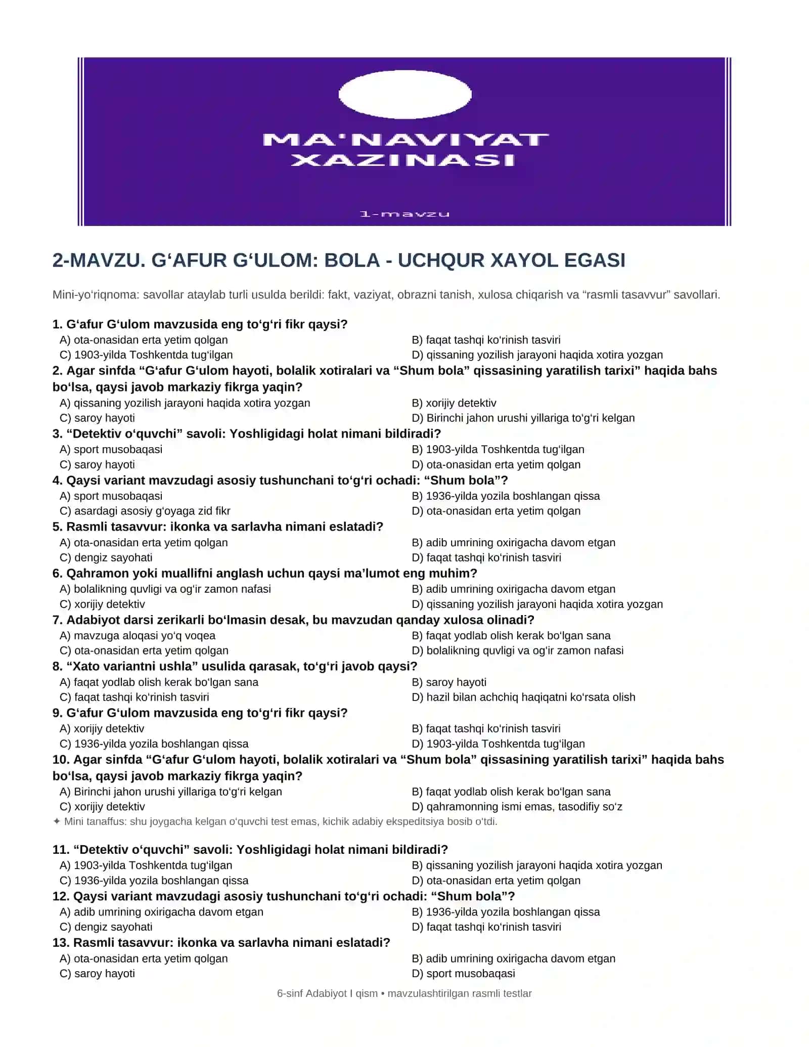 6-SINF ADABIYOTI 1-QISM BO'YICHA MAVZULASHTIRILGAN KREATIV TESTLAR 4