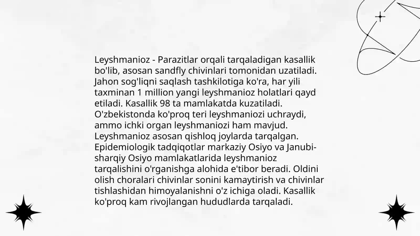 Leyshmanioz teri va visseral shakli.Epidemiologiya,patogeneziklinikasi, laborator diagnostika va profilaktik chora-tadbirlar 4
