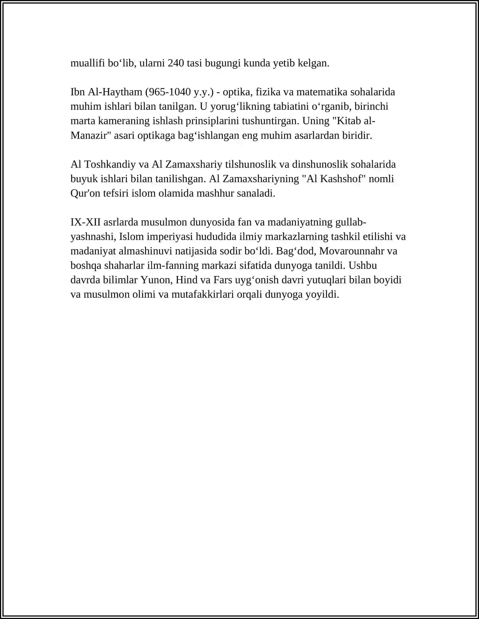 IX-XII ASRLARDA MAMLAKATIMIZ HUDUDIDA RO'Y BERGAN MADANIY UYG'ONISH(RENESSANS). BUYUK ALLOMALARNING JAHON SVILIZATSIYASIGA QO'SHGAN HISSASI 4