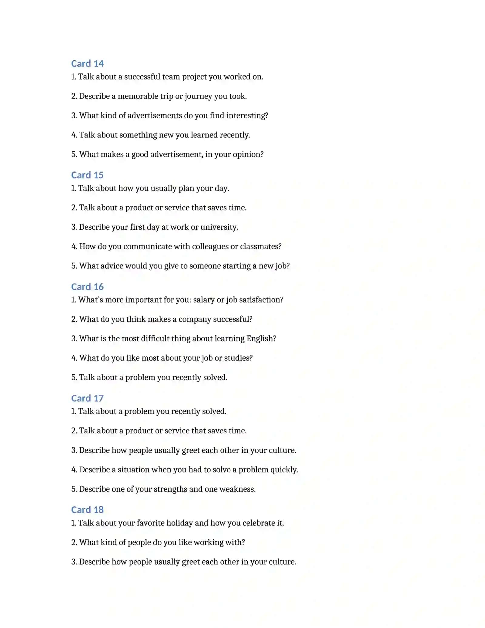 Mid-Term Speaking Assessment | General + Business Topics | Pre-Intermediate Level 4